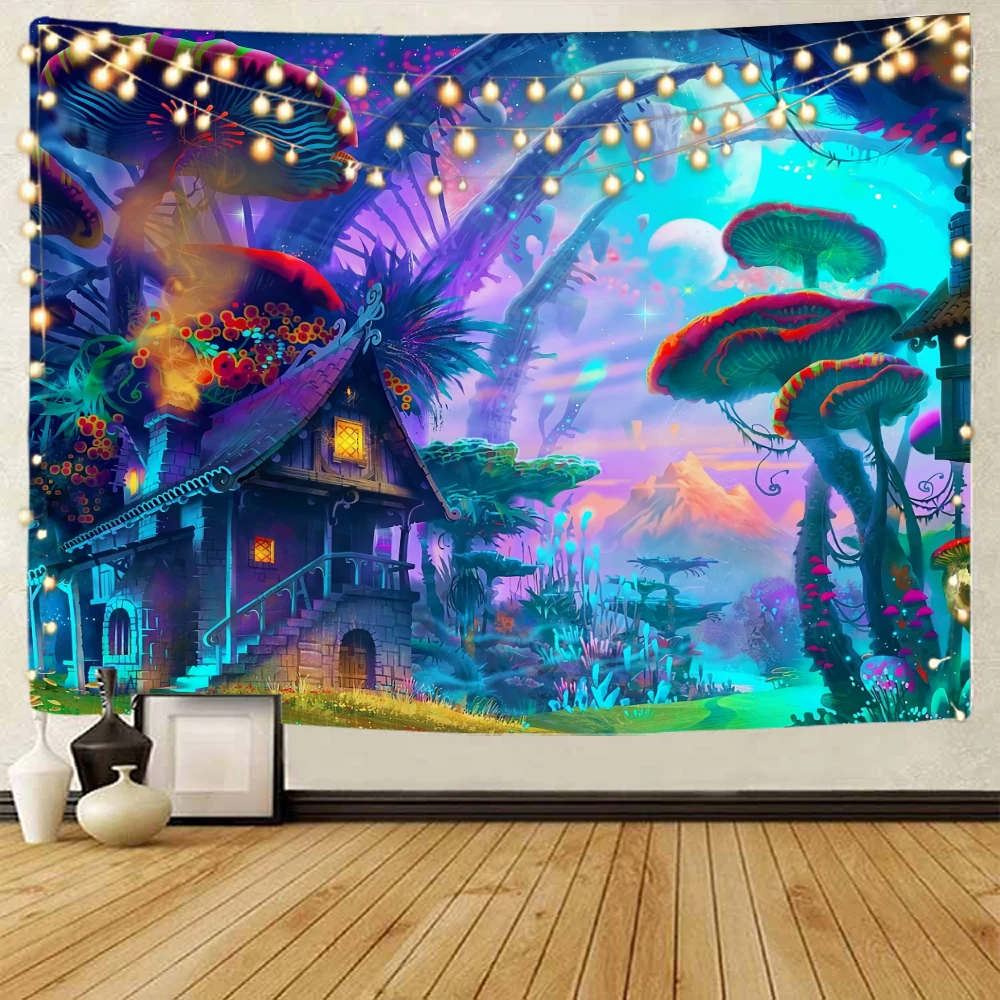 Psychedelic mushroom landscape decorative tapestry dreamy mushroom landscape tapestry bohemian hippie wall tapestry