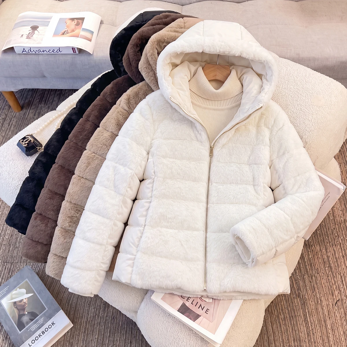 Ladies Hooded Quilted Puffer Coat Fleece Panel Faux Fur Splicing Thickened Warm Winter Casual OL Outer Garment With Hand Pockets