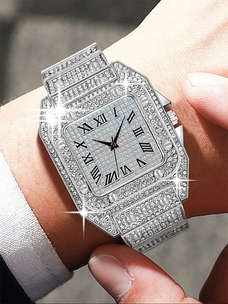 1pcs Fashion Business Calendar Men\'s Full Diamond Black Steel Band Quartz Watch