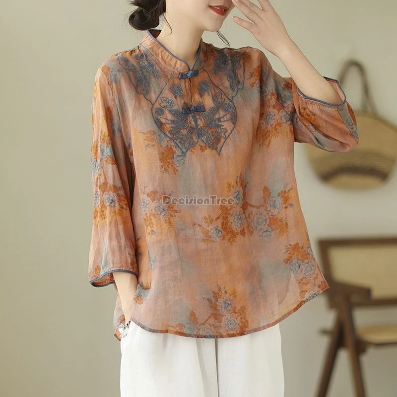 2024 new retro chinese style improved daily hanfu top stand collar button cotton linen blouse chic floral embroidery tea art top