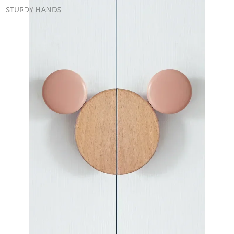 1 set of wooden children's wardrobe handles Cute children's room Mickey Mouse cartoon wardrobe door semi circular handles