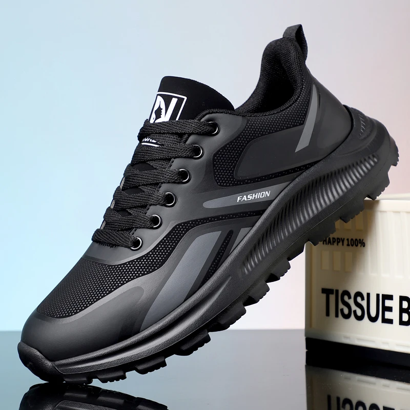 

Men's Autumn New Arrival Black Leather Shoes - Breathable Thick-Sole Stylish Sneakers, Casual & Sporty, Versatile & Lightweight