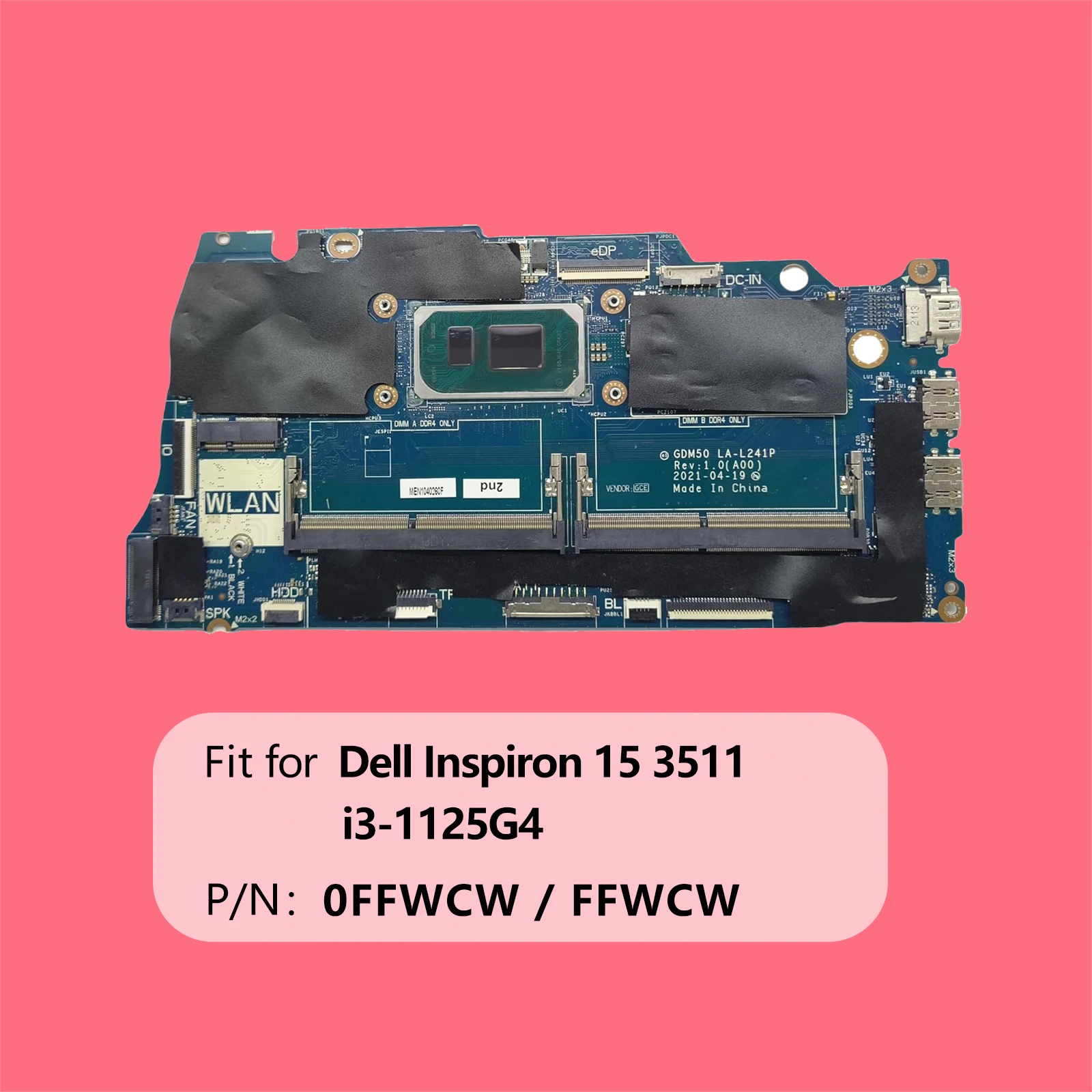 Placa-mãe para laptop GDM50 LA-L241P para Dell Inspiron 15 3511 Placa de sistema processador i3-1125G4 0FFWCW FFWCW