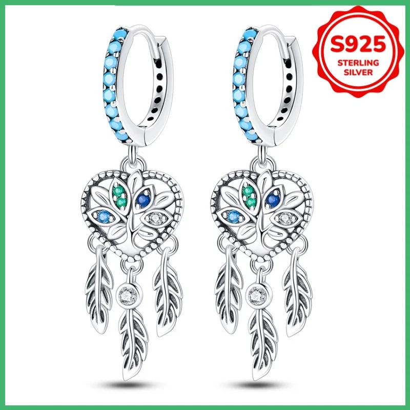 Original 925 Sterling Silver Heart-Shaped Dream Catcher with Hollowed Out Women's Fashionable Earrings Birthday Jewelry