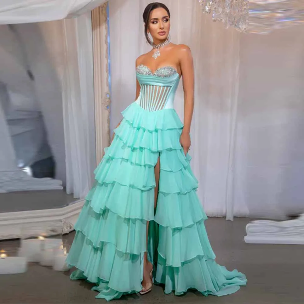 

Мечтательные платья для дня рождения Шифоновое платье трапециевидной формы для выпускного вечера Мятное милое многоуровневое вечернее платье со стразами/кристаллами и разрезом