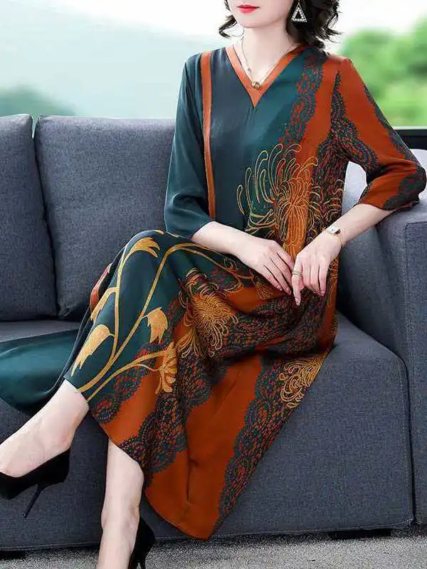 

Large Size Women's Summer V-ne Casual Loose Clothing Cleanfit A-line Dr Long Skirt Seven-quarter Sve Zipper Ba