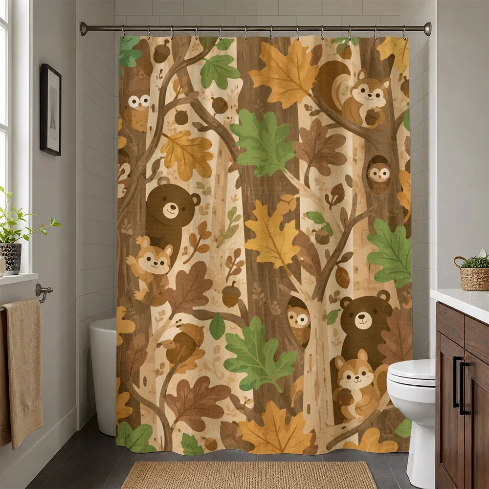 Cute Woodland Animals Shower Curtain Forest Scene Bear Fox Squirrel Bathroom Decor Waterproof Shower Curtain
