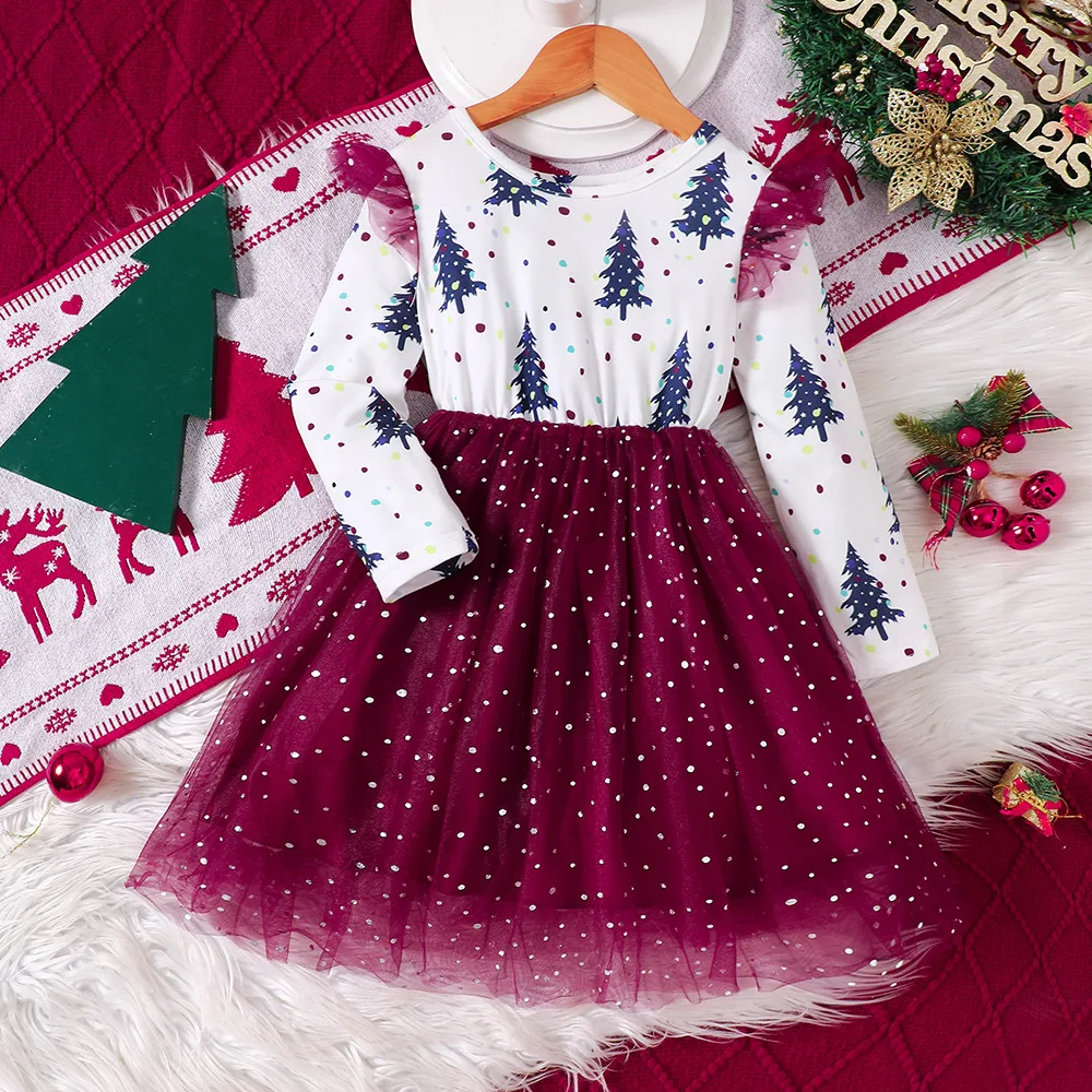 

2024 Winter New Girls Dress Long Sleeve O Neck Print Christmas Tree Mesh Red Cute Designer Girls Princess Dress Vestido 8-12T