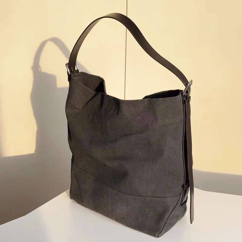 

Korean Casual Tote Bags For Women Luxury Designer Handbag Purse 2025 New In Canvas Genuine Leather Strap Underarm Cloth Shoulder