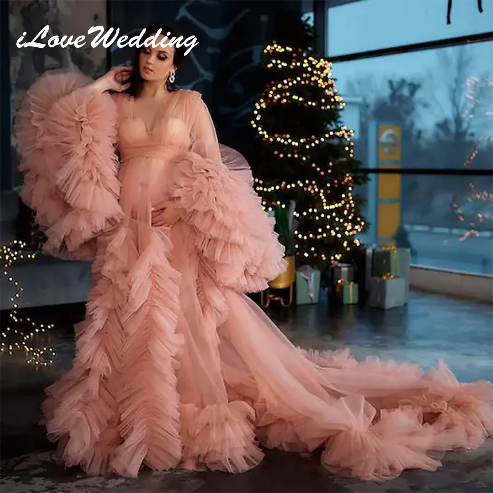 Robe de Bal Rose Blush pour Femme Enceinte, Tenue de Luxe à Manches sulf, Plissée en Tulle, Séance Photo, Baby Shower