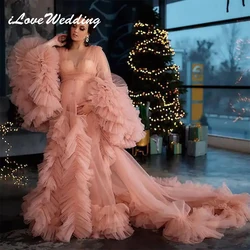 Blush Pink Pregnant Women Prom Dress Maternity Robes For Photo Shoot Baby Shower Tulle Pleat Luxury Long Sleeve Photography Robe