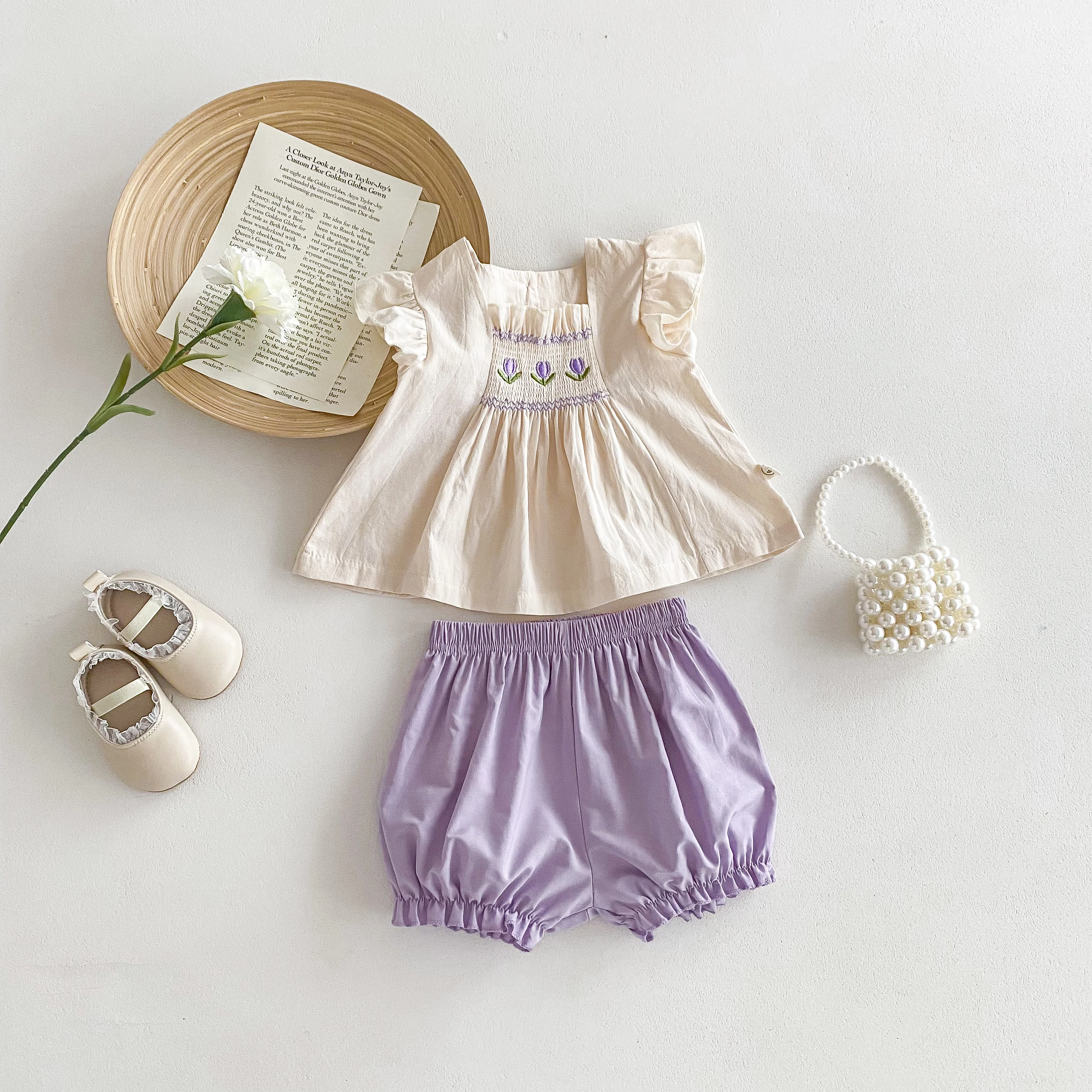 Spring Baby Girls Suit  Korean  Purple Flower Embroidered  Sleeveless Top + Purple Shorts 2pcs Baby Clothes 0-3 Years Old