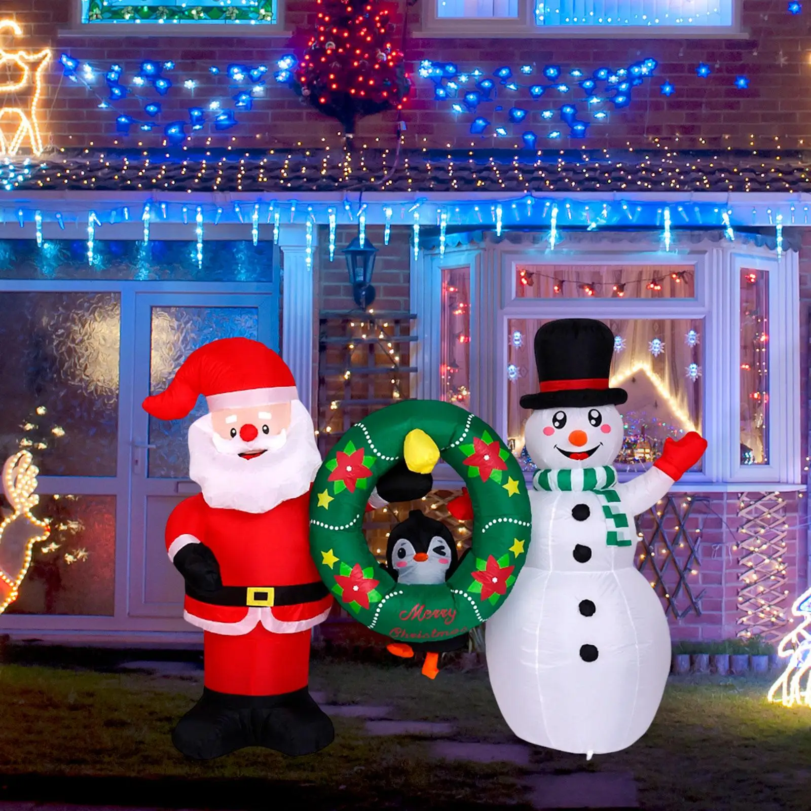 Christmas Inflatables Decoration,Outdoor,Light up,Xmas Decoration Santa Penguins Snowman with Wreath for Yard Holiday Lawn view 2