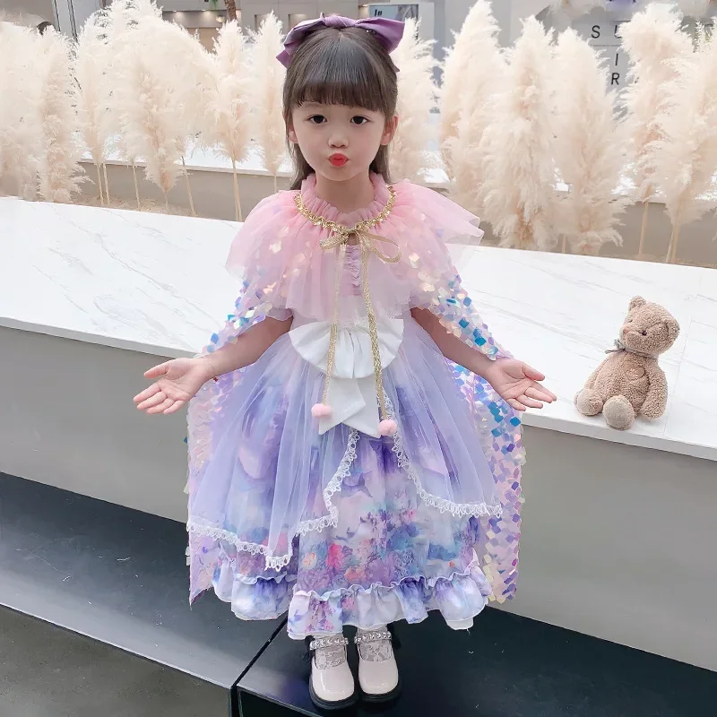 Girls Little Mermaid Cloak Children Purim Colorful Sequined Capes Princess Cloak Kids Shiny Bright Party Costume Girl Dress up