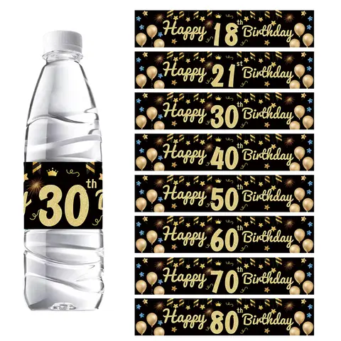 24pcs 블랙 골드 생일 물병 라벨 스티커 30th 40th 50th 60th 성인 생일 기념일 파티 장식 병 스티커