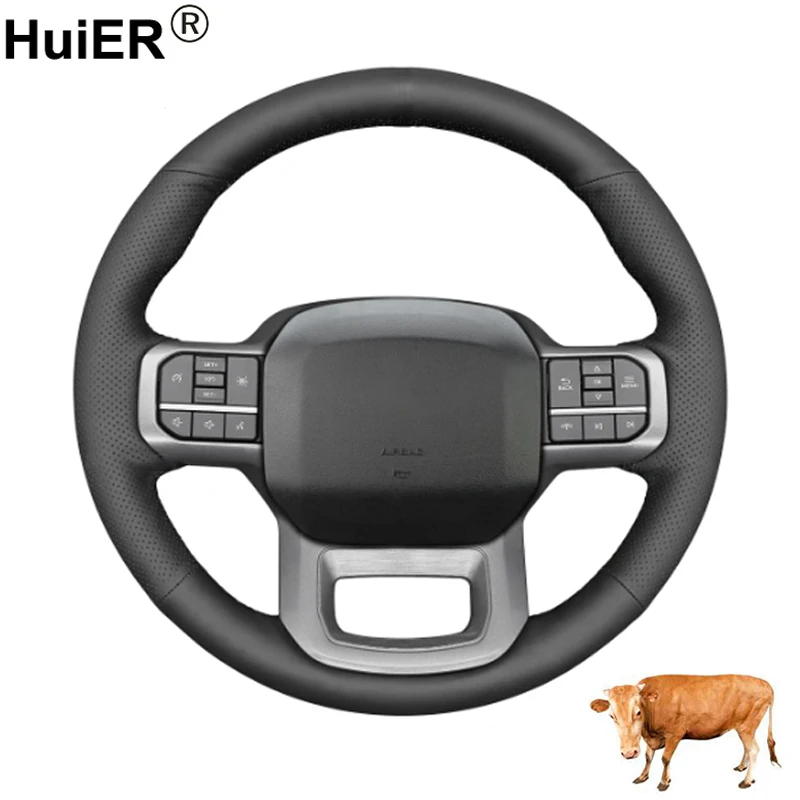 Cow True Leather Hand Sewing Car Steering Wheel Cover For Ford F-150 2021-2023 F150 Lightning 2022-2023