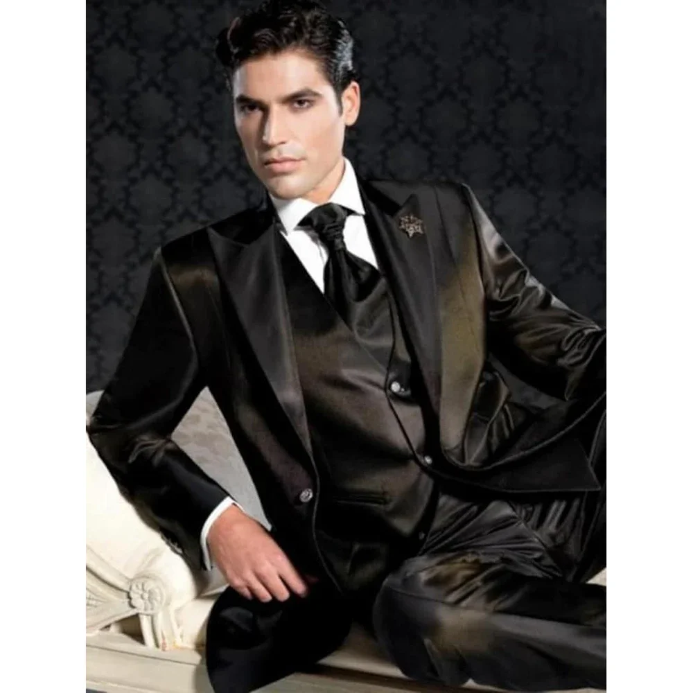 

Luxury Black Suit for Men Single Breasted Peaked Lapel Luxury 3 Piece Jacket Pants Vest Ropa Hombre Tailor-made