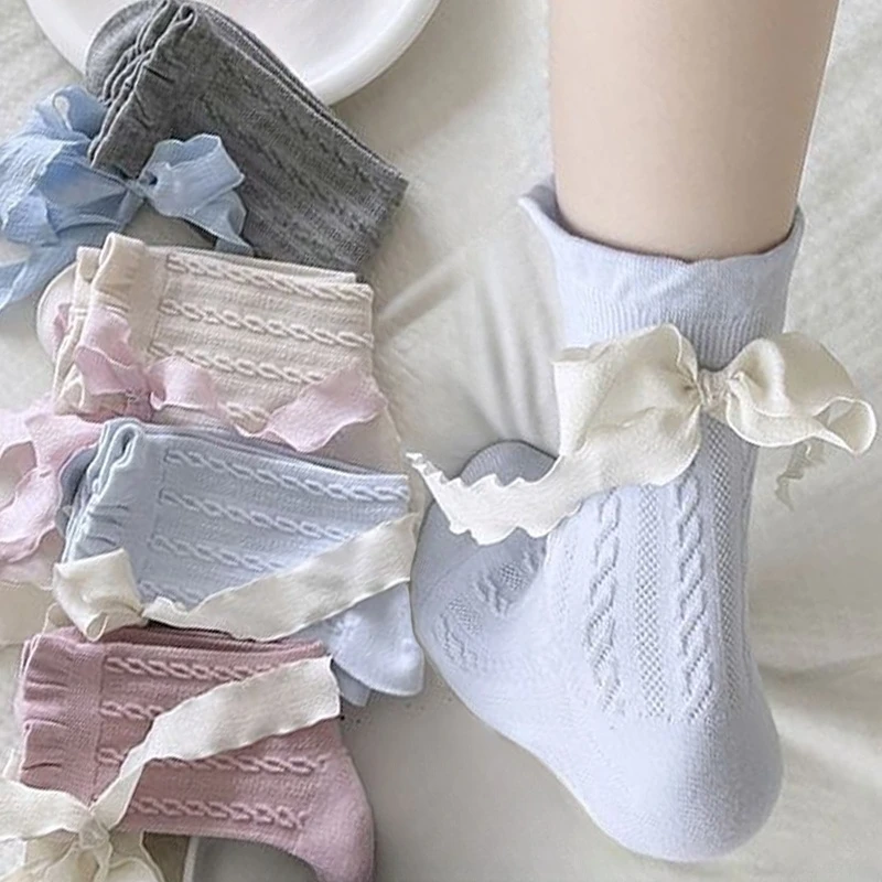 

Lolita Bow Socks Blue White Lacework Ruffle Socks Summer Thin Japanese Style Kawaii Sweet Girls Cute Short Socks Women