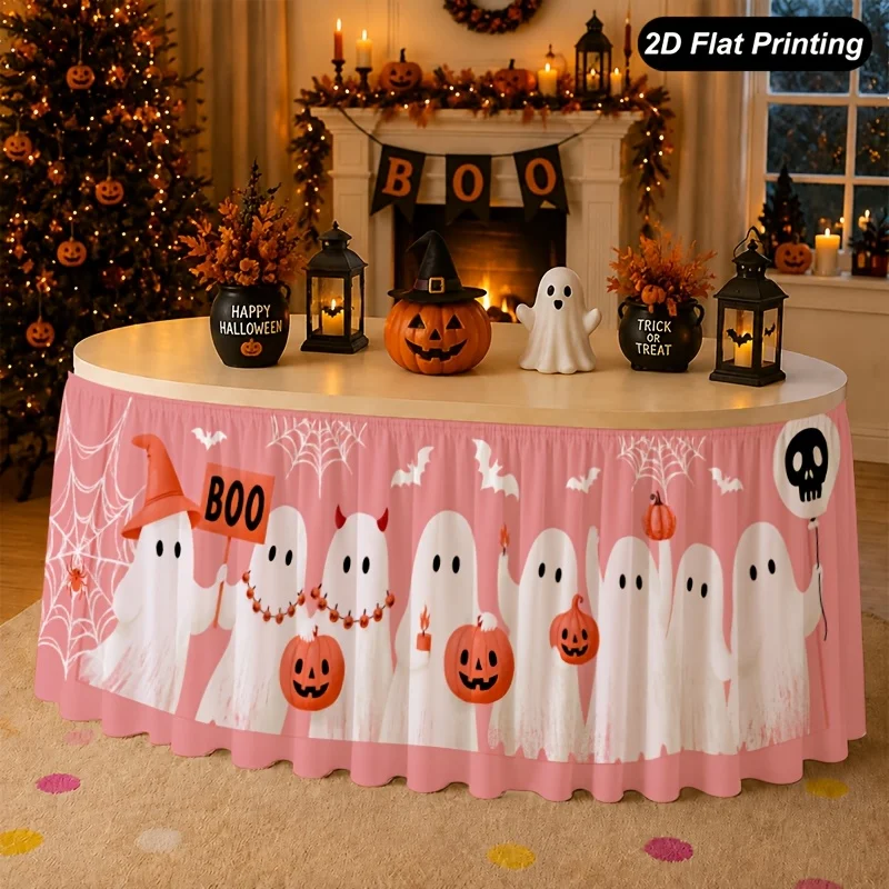 1 2D flat Halloween tablecloth ghost pumpkin pink table dress, perfect for family kitchen Halloween decorations