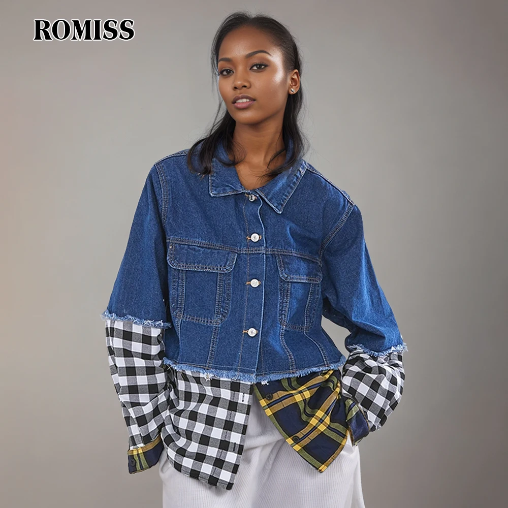 

ROMISS Hit Color Patchwork Single Breasted Jacket For Women Lapel Long Sleeve Loose Casual Streetwear Denim Jackets Female