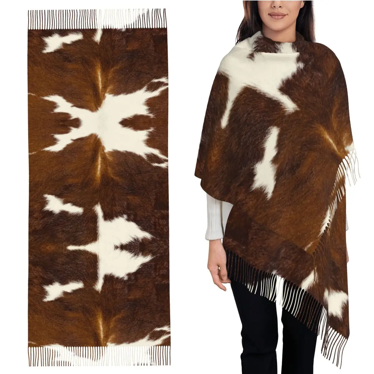 

Стильный шарф из воловьей кожи с принтом коровьей кожи, шарфы с кисточками, женские мягкие теплые шали и накидки, длинная осенне-зимняя шаль