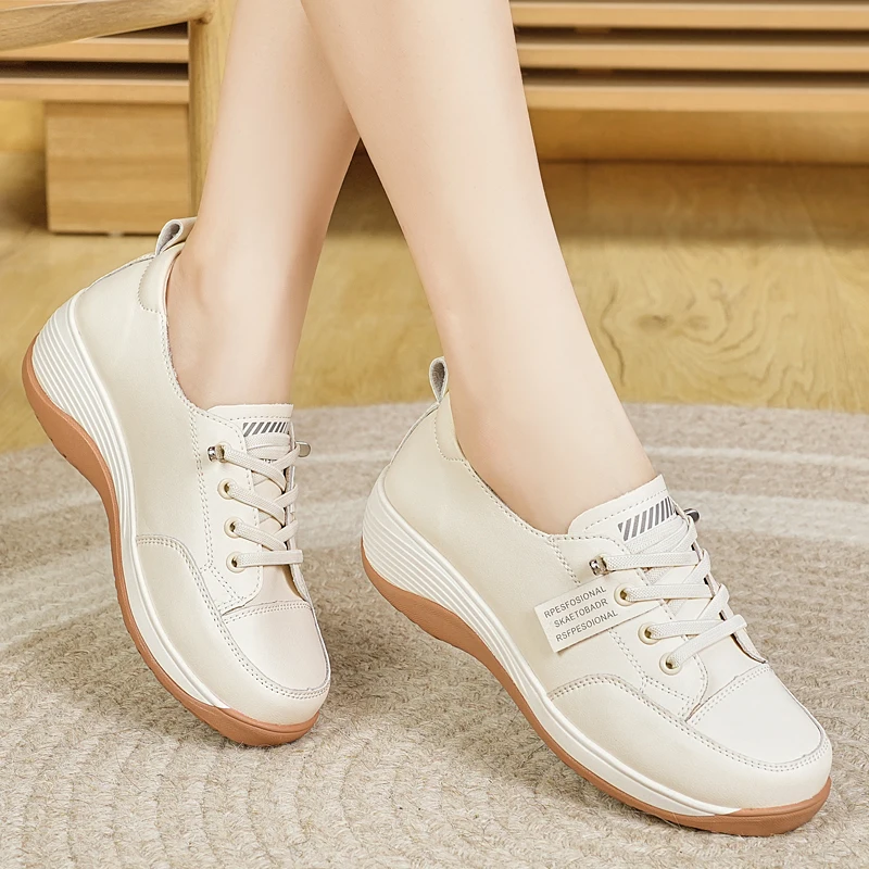 

Women's Platform Wedge Lace-Up Walking Shoes, Comfortable Rocker Sole Sneakers, Non-Slip Casual Shoes for Daily Wear, Office