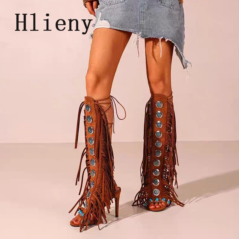 

Hlieny/Осенние женские сапоги до колена на шнуровке, римские гладиаторы, модные пикантные женские сапоги на высоком каблуке с кисточками и открытым носком