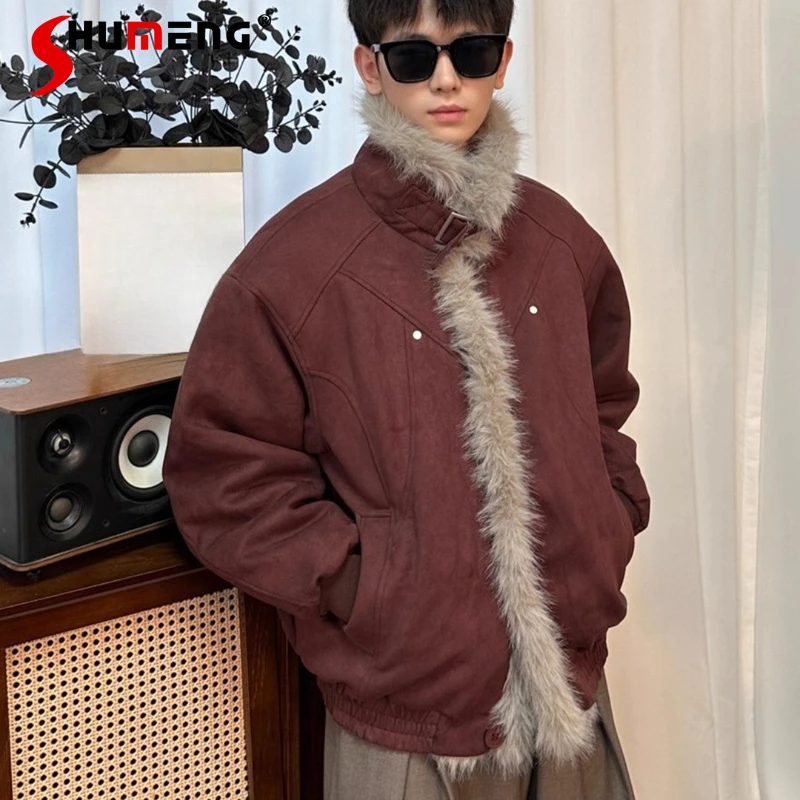 

Men's Faux Fur Collar Splicing Parkas Men's 2025 Winter New Stand Collar Thickened Coats Trendy Lightweight Cotton Padded Jacket