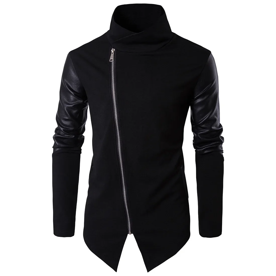 

Fashion Black Leather Patchwork Turtleneck Jackets Overcoat Men Spring Autumn Punk Motor Coat Men Slim Plus EUR Size