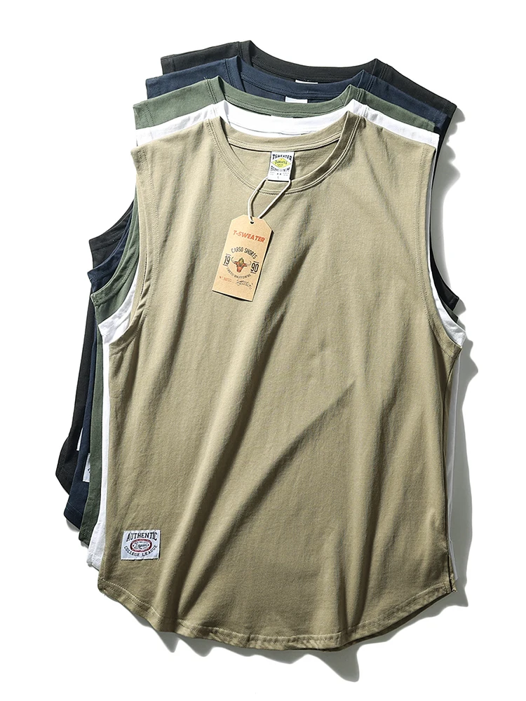 Summer New American Retro Sleeveless O-neck Soild Color T-shirt Men's Fashion 100% Cotton Washed Old Casual Sports Vest Tops