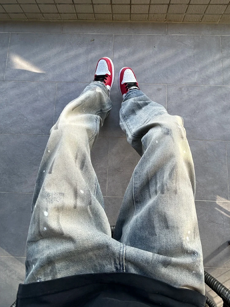 

Мужские джинсы American Sle Dyeing с прямыми штанинами, высокой талией, облегающие, с эффектом потертости, в уличном стиле, молодежная мода