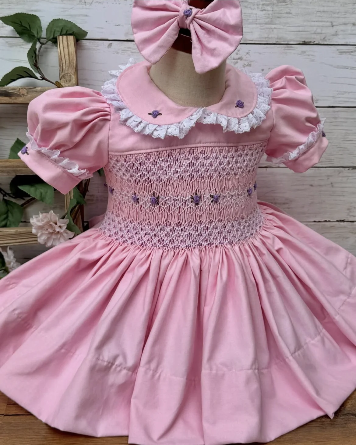 

2025 Baby Girl Summer Pink Rose Flower Handmade Smocked Pink Dress for Eid Birthday Party Holiday Photography Casual A54