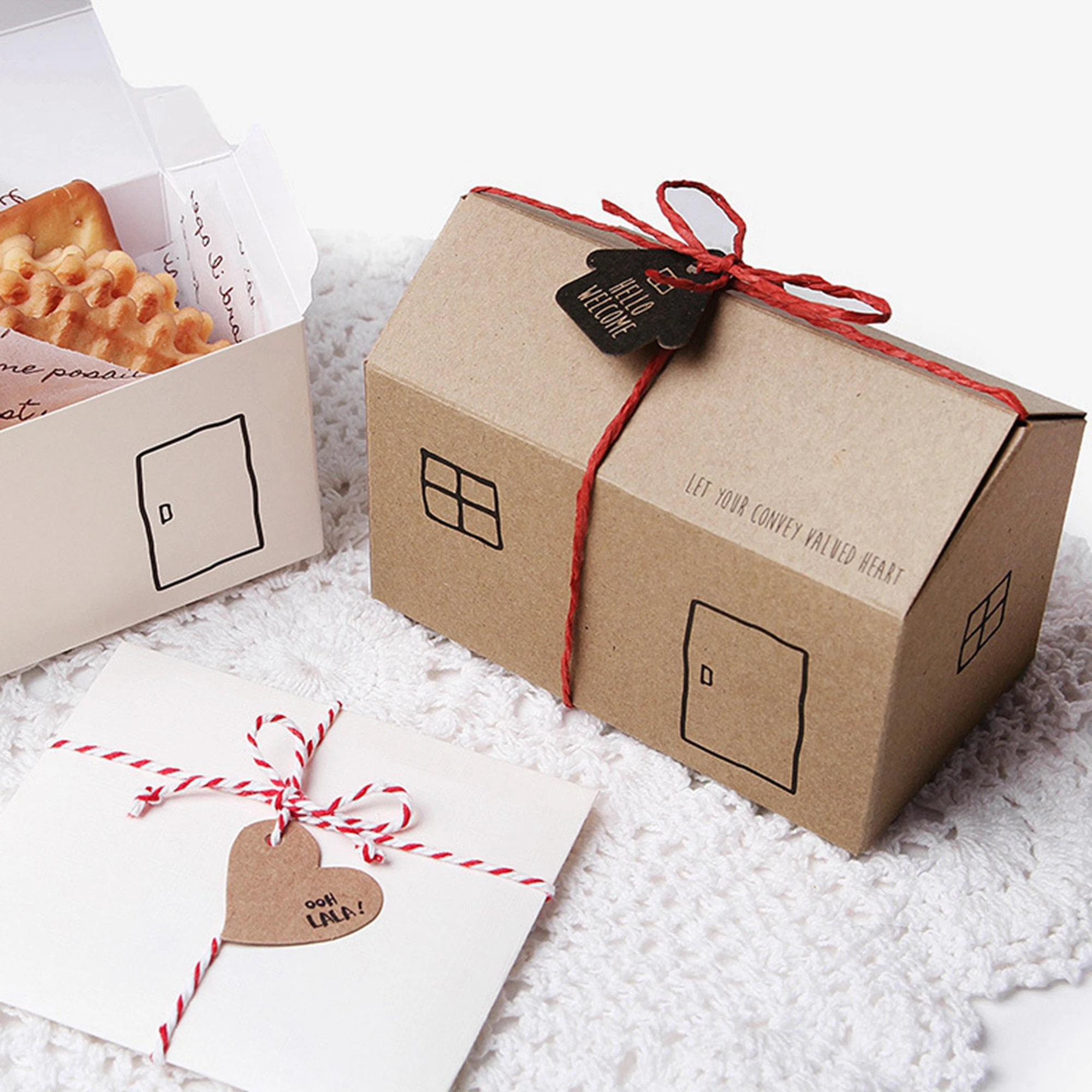 10Pcs White Brown House Shape Gift Candy Box Cookies Package With Ribbon For Birthday Wedding Christmas Party Favor Supplies