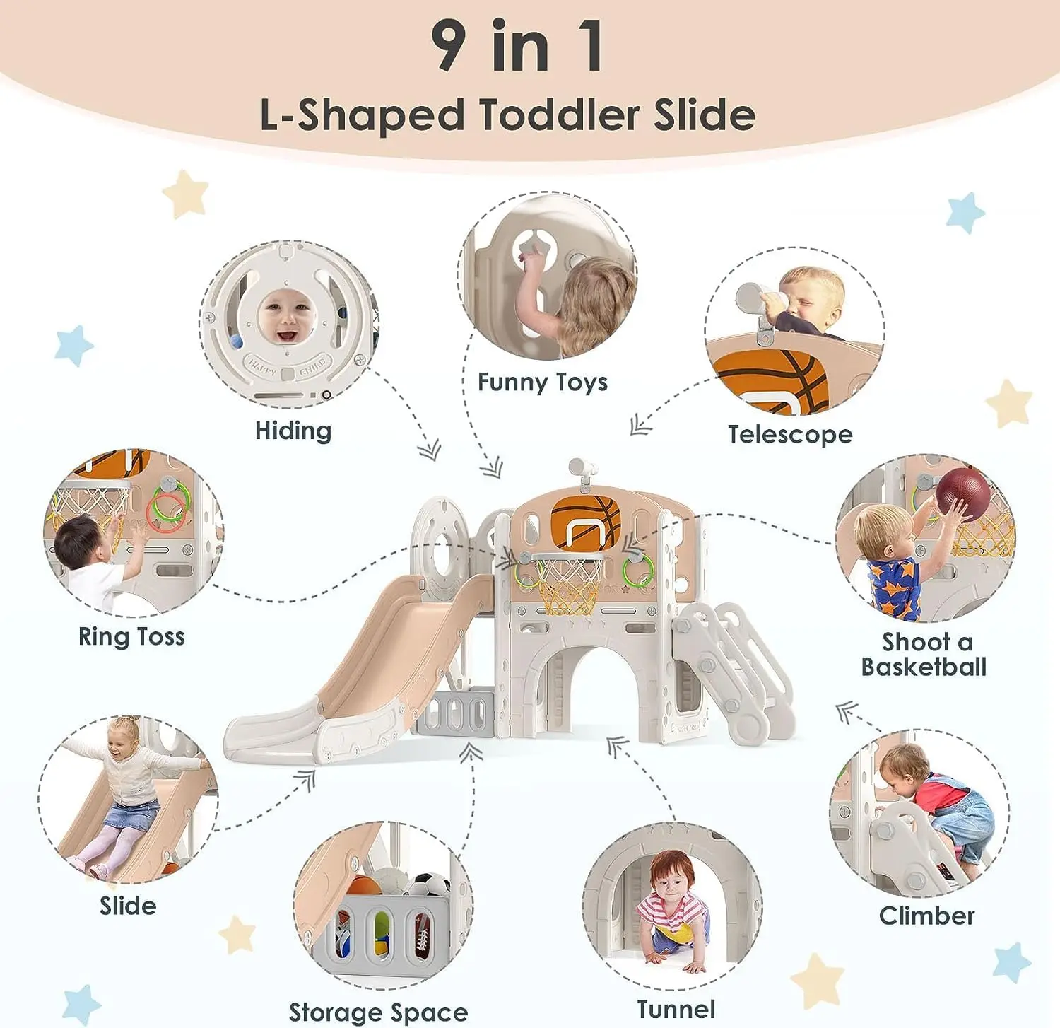 9 in 1 Toddler Slide, Kid Slide for Toddlers Age 1-3 with Ring Toss, Basketball Hoop and Telescope