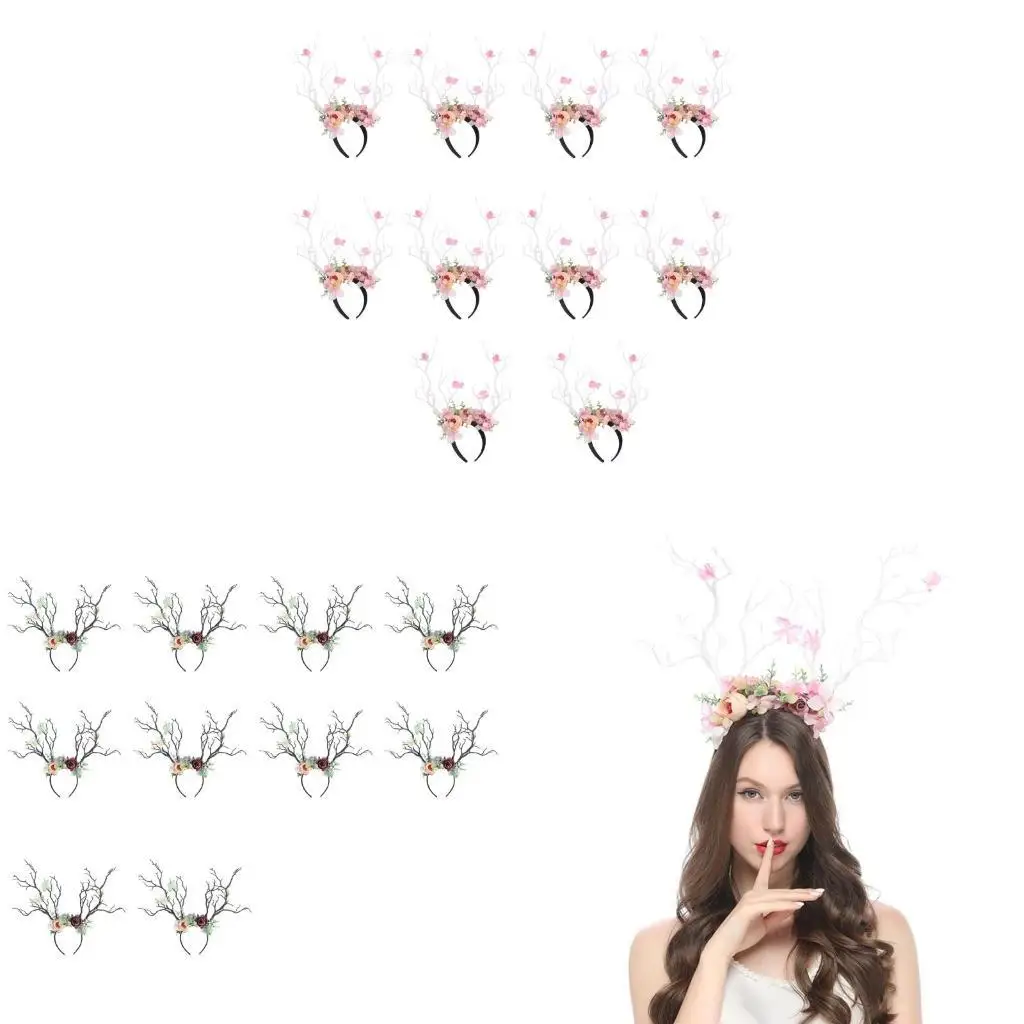 10Pcs Deer Horns Headbands Flower Antler Hairband Reindeer Headpiece for Prom
