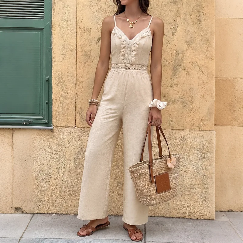 

Jumpsuit Women 2026 Spring Summer New Solid Color Lace Fringe Patchwork V-Neck Sleeveless High Waist Casual Daily Jumpsuit