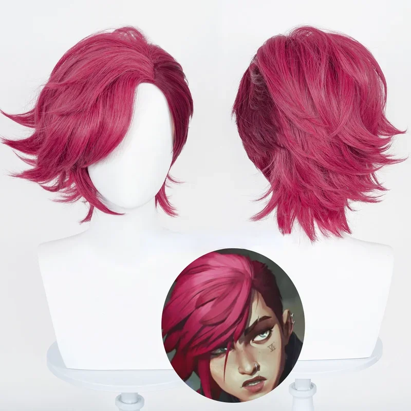 Gioco LOL Arcane Vi parrucca Cosplay VI 30cm rosa profonda corta resistente al calore capelli sintetici donna e uomo parrucche gioco di ruolo