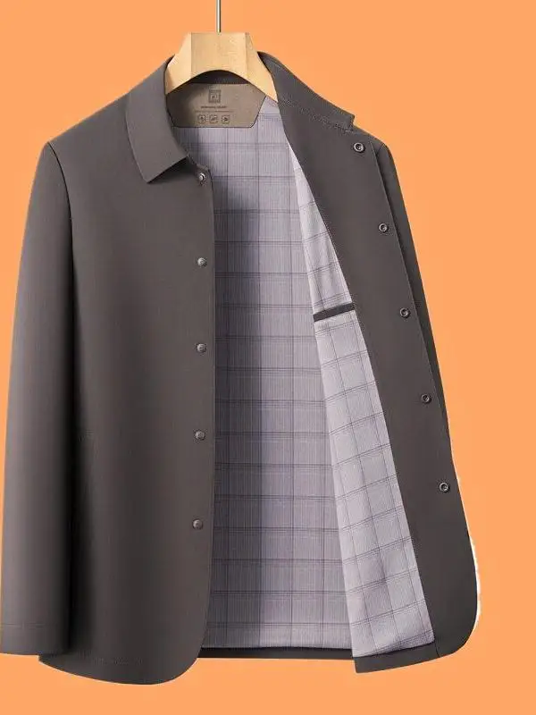 

New Autumn Men's Jaet Casual Silk No Ironing Collar Button Sle Middle-aged Dad Clothes Thin Long Sve Busin Casual