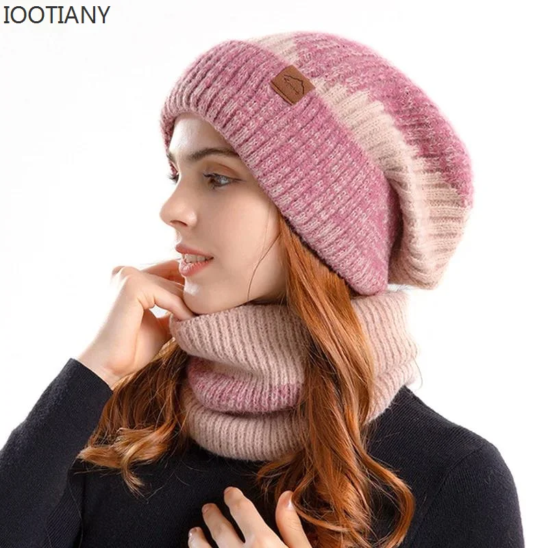 2023 Winter Hat Mask Scarf Two-piece Set Fashion Women Knitted Hat Scarf Caps Neck Warmer Skull Cap Thicken Fur Lined Lady Girls