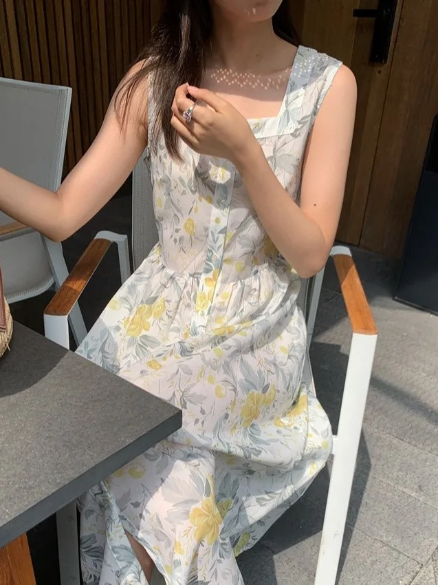 Retro Dongda Gate Lazy Square Collar Design Floral Vaion Sle Weste Dr Single Button Svel Dr Damen