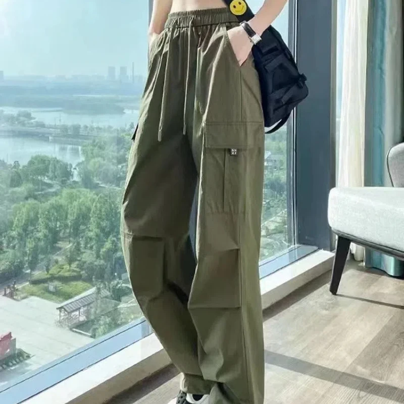 Spring Autumn New Fashion Elastic Waist Solid Color Loose Pocket Drawstring American Style All-match Simplicity Chic Cargo Pants