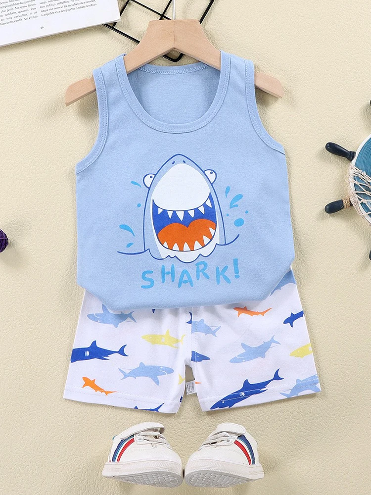 Cartoon Shark Vest+Shorts 2-Piece Clothing Set Pajamas Summer Kids Baby Boys Girls Cotton Casual Tracksuit Clothes Suit 0-6 Y