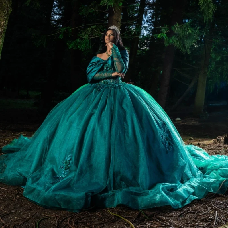 Dunkelgrüne Quinceanera-Kleider, schulterfrei, Applikation, Spitze, Perlenstickerei, Kristallschleife, Tüll, Party, Geburtstag, süßes 16-Kleid, Vestidos 15