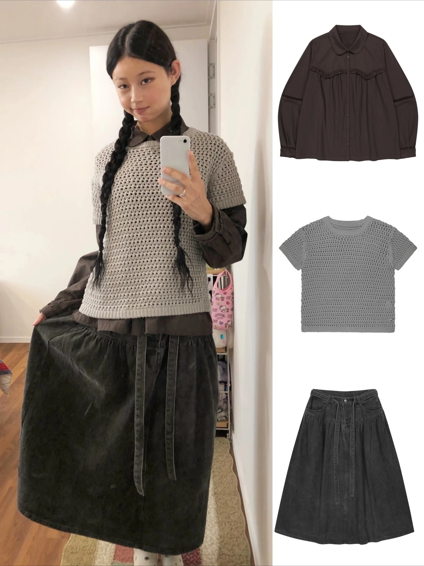 Conjuntos de 3 uds de diseñador coreano, camisa de manga larga con cuello Peter Pan + suéter de punto de manga corta calado + falda vaquera, trajes Y2k