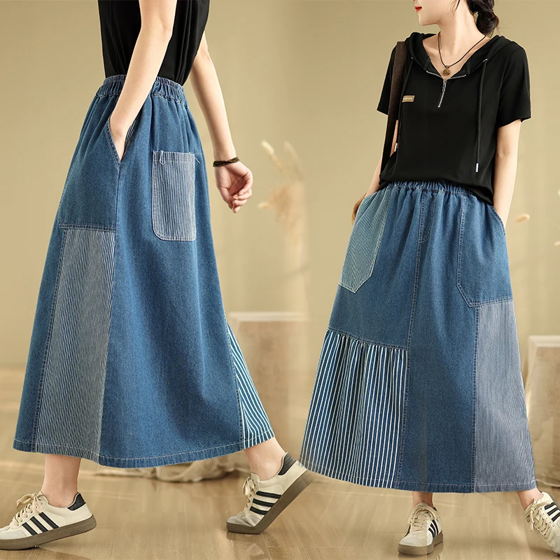 

Comfortable to Wear Korean Sle Artistic Retro Color Blo Denim Patchwork Waed Striped Versatile Elastic Waist f Skirt