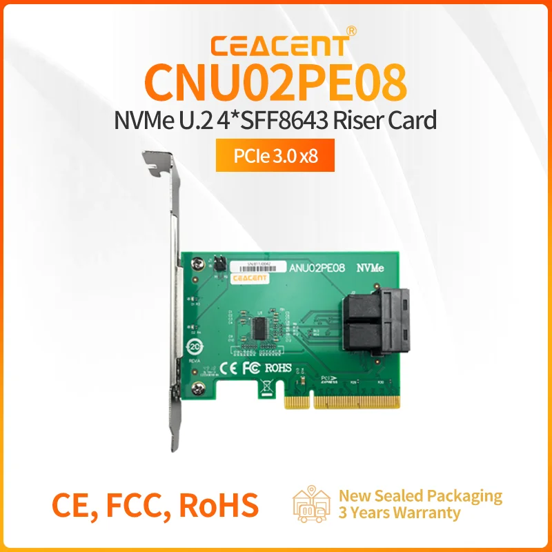 

CEACENT CNU02PE08 PCIe 3.0 x8 2*SFF8643 interfaces NVMe Adapter, Up to support 2 U.2 NVMe SSD