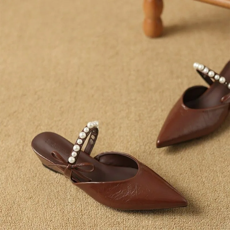 Soft Leather Inner Heightened Pearl Baotou Sandals Versatile External Wear Temperament One-foot Slip-on Half Slippers