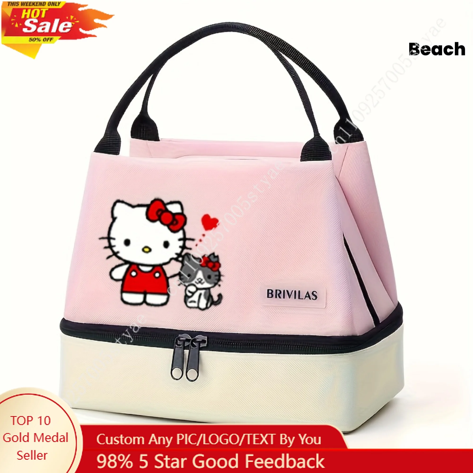 

Hello Kitty Oxford Cloth Lunch Bag with A Double-Layer Design and Contrasting Colors Featuring A Handle and A Thick Aluminum