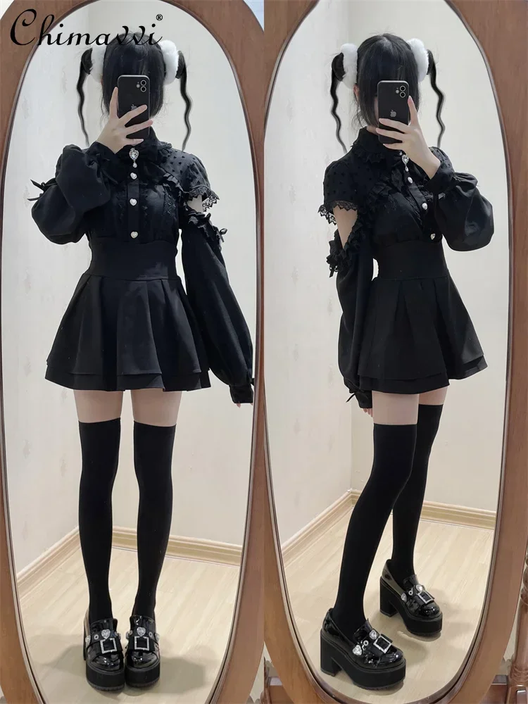 Japanische Mine Massenproduzierte süße Mädchen Spitze Schleife Off-the-Shoulder Langarm Shirt Herbst neue Damen Lolita Bluse Y2k Tops