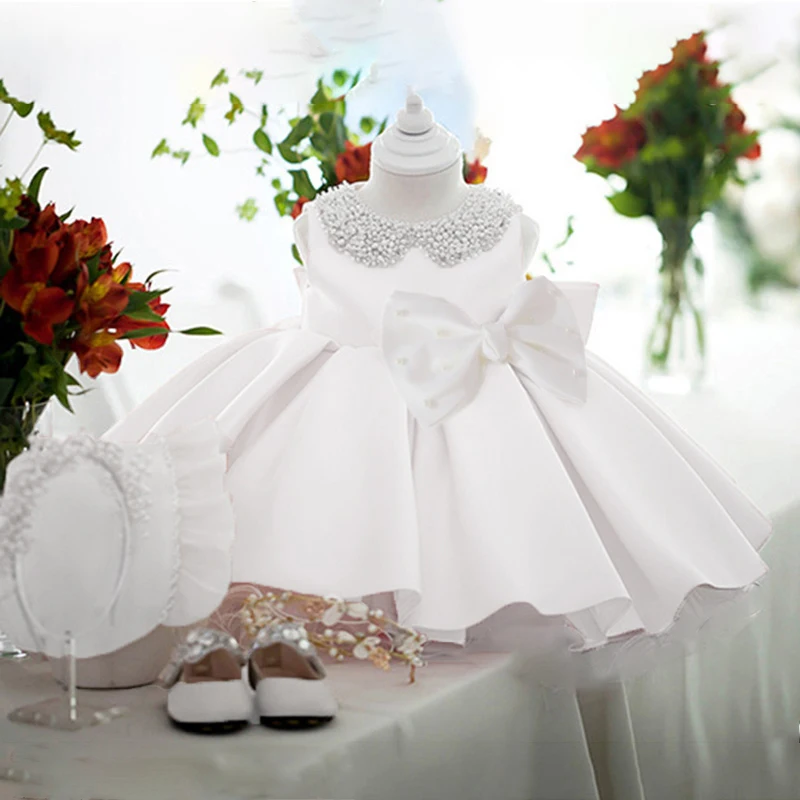 

Toddler White Wedding Princess Baby Girl Dress Satin Bow 1st Birthday Baptism Evening Party Dresses for Kids Bridemaid Prom Gown